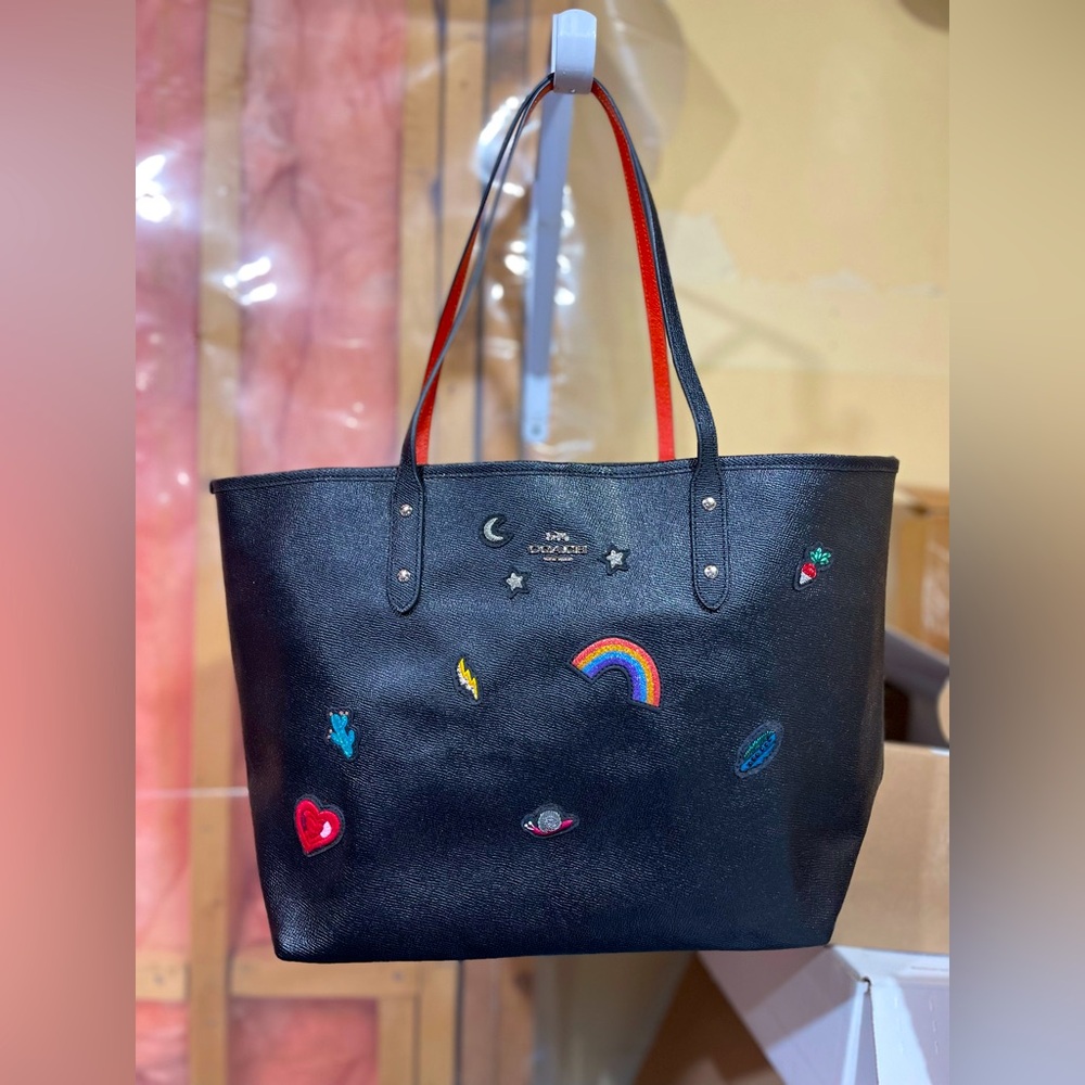 Coach Coated Canvass Black Tote with playful embelishments